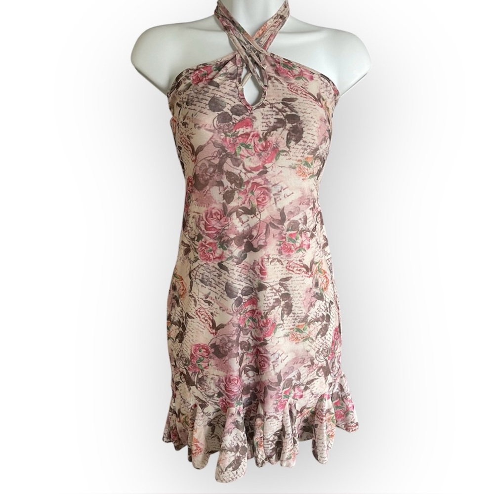 NWT Floral Mesh Halter Neck Flounce Mini Dress - small